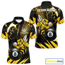Load image into Gallery viewer, Yellow black funny bee thunder lightning 8 ball pool team polo shirt with custom billiard graphics, personalized billiard team jersey.