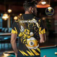 Load image into Gallery viewer, Back view of man wearing a yellow black funny bee thunder lightning 9 ball billiard team jersey, custom pool tournament shirt.