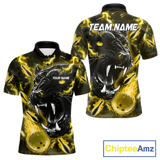 Yellow flame panther bowling team polo shirt for men with custom league and tournament graphics.