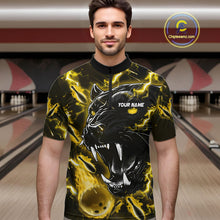 Load image into Gallery viewer, Man wearing a yellow flame panther quarter zip bowling shirt front view, personalized bowling team apparel.