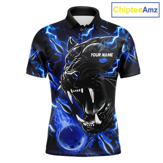 Blue flame panther custom bowling polo shirt for men, personalized bowling team jersey for league tournaments.