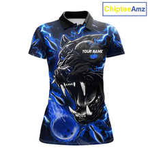 Load image into Gallery viewer, Blue flame panther custom bowling polo shirt for women, personalized bowling team jersey for league tournaments.