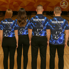 Load image into Gallery viewer, Bowling team wearing matching blue flame panther custom bowling jerseys front view.