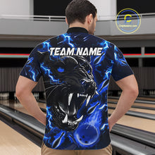 Load image into Gallery viewer, Back view of man wearing a blue flame panther quarter zip bowling shirt, bowling league team uniform.