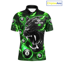 Load image into Gallery viewer, Green flaming panther 8 ball custom billiard polo shirt for women, personalized pool team jersey for tournaments.