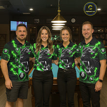 Load image into Gallery viewer, Pool team wearing matching green flaming panther 8 ball custom billiard jerseys during tournament competition front view.