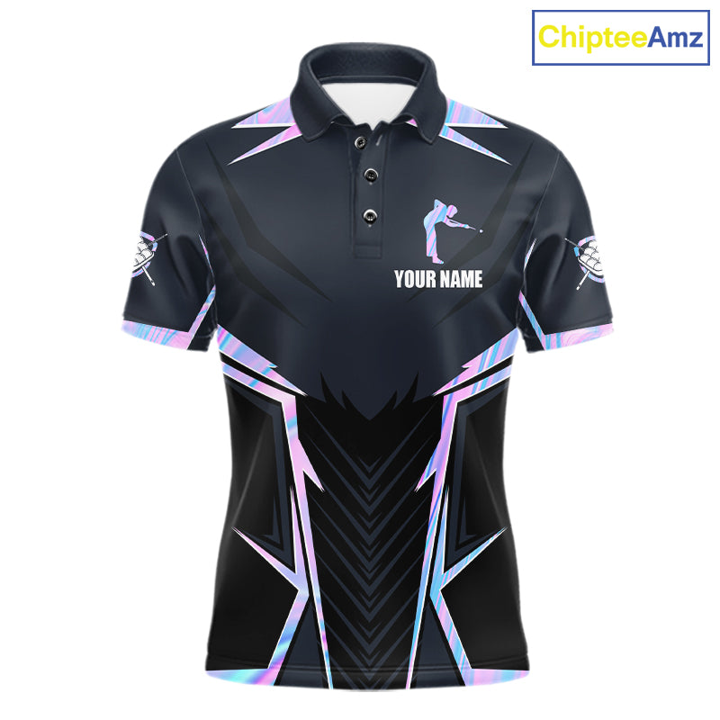 Holographic 8 Ball Pool Billiard Polo Shirt Featuring a Vibrant Iridescent Design for Custom Team Jerseys, League Competition, and Tournament Events