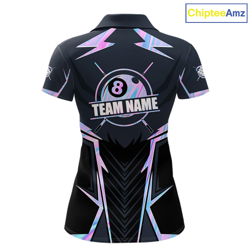 Custom Holographic 8 Ball Pool Polo Shirt Designed for Billiard League Teams with Brilliant Color Shift Effects and Premium Athletic Performance Style