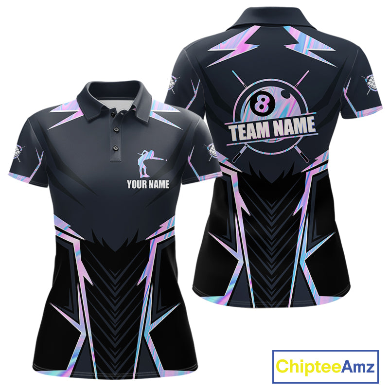 Holographic 8 Ball Pool Billiard Polo Shirt Featuring Vibrant Iridescent Artwork for Custom Team Jerseys, League Competition, and Tournament Events