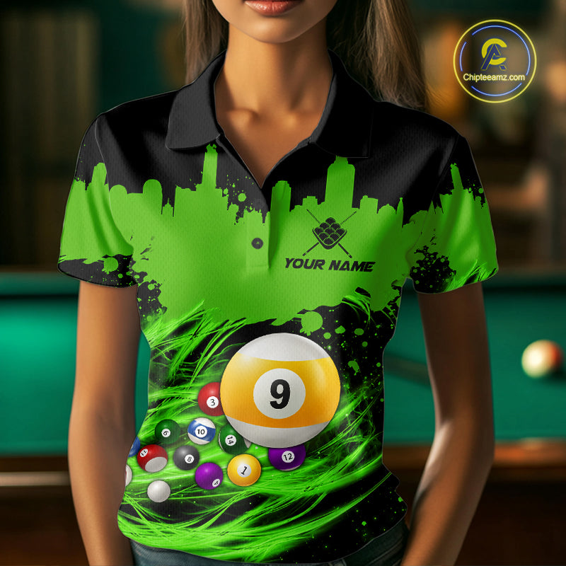Woman Wearing Custom Black and Green 9 Ball Pool Billiard Polo Shirt with Athletic Performance Fit and Bold Graphic Artwork, Front View