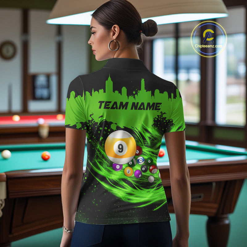 Woman Wearing Custom Black and Green 9 Ball Billiard Team Jersey Featuring the Complete Rear Graphic Design, Back View