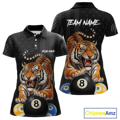 Funny Tiger 8 Ball, 9 Ball & 10 Ball US Flag Billiard Shirt For Women Custom Pool Team Jersey TDM5541