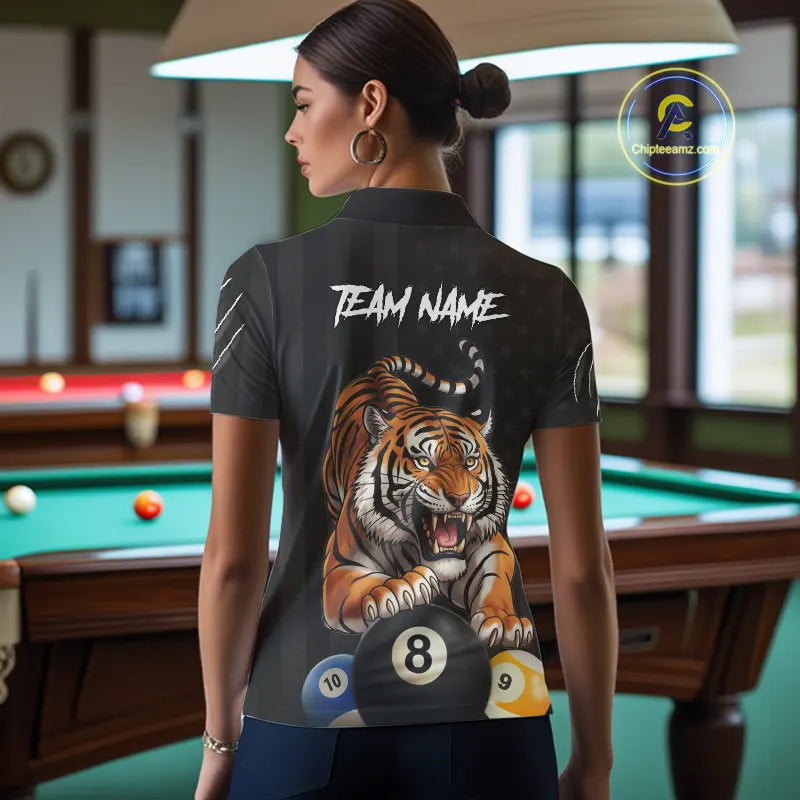 Funny Tiger 8 Ball, 9 Ball & 10 Ball US Flag Billiard Shirt For Women Custom Pool Team Jersey TDM5541