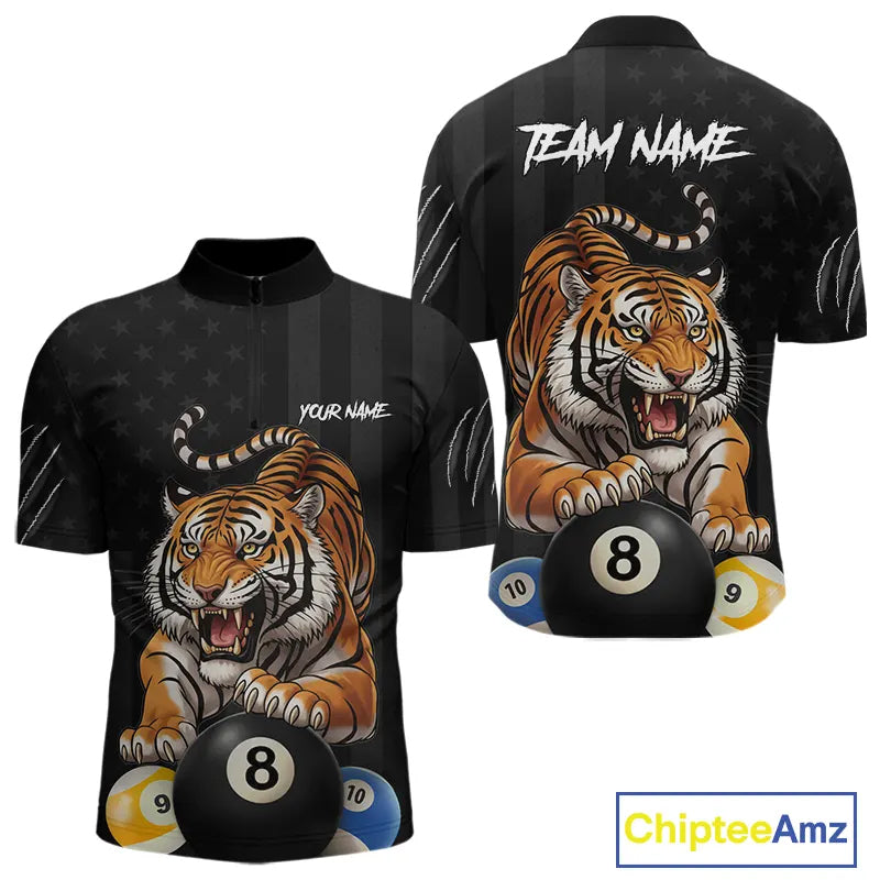 Funny Tiger 8 Ball, 9 Ball & 10 Ball US Flag Billiard Shirt For Men Custom Pool Team Jersey TDM5541