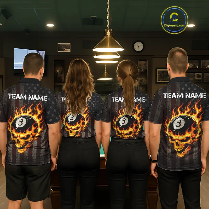 Vintage American Flag Skull Flame Billiard Shirt For Women Custom Patriotic 8 Ball Pool Team Jersey TDM5545