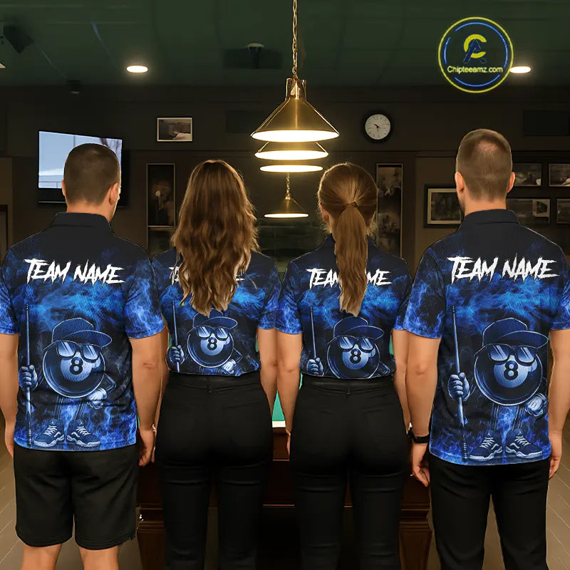 Blue Funny 8 Ball Pool Flame Smoke Billiard Shirt For Men Custom Billiard Team Jersey Uniform TDM5546