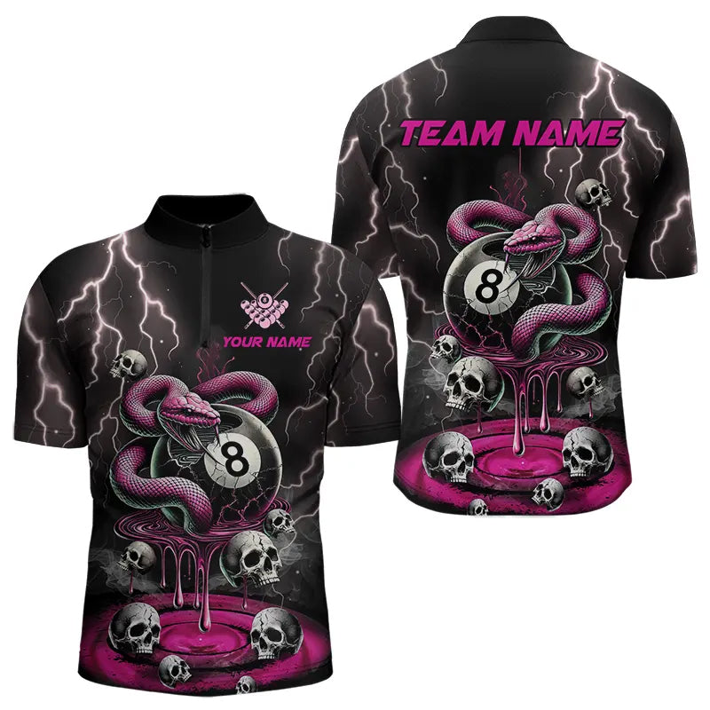 Pink And Black Thunder Lightning Skull Snake Billiard Shirts For Men Custom 8 Ball Billiard Jerseys TDM3627