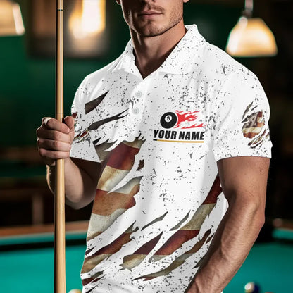 Billiard Ball Retro US Flag White Grunge Billiard Shirt For Men Custom 8 Ball Pool Billiard Jersey TDM3636
