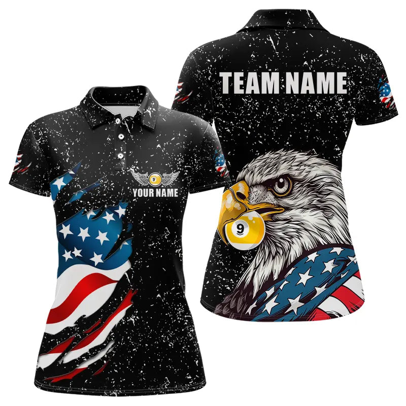 Black Grunge Eagle American Flag Custom 9 Ball Pool Women's Billiard Shirts, Billiard Team Jerseys TDM3779
