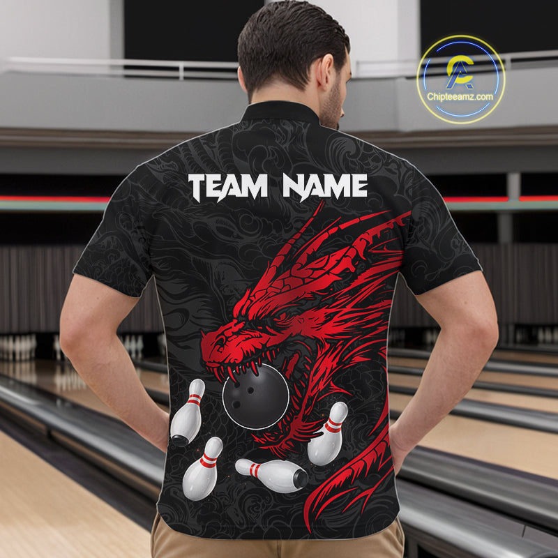 Black And Red Custom Dragon Bowling Shirt For Men, Bowling Team Jersey Polo & Quarter Zip TDM6166