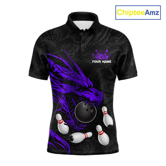 Black And Purple Custom Dragon Bowling Shirt For Men, Bowling Team Jersey Polo & Quarter Zip TDM6167