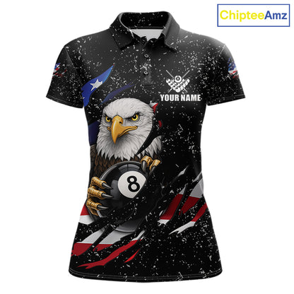 Black Grunge US Flag Eagle Billiard Shirt For Women Custom 8 Ball Pool Team Jersey Polo & 1/4 Zip TDM6404