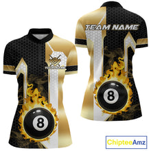 Load image into Gallery viewer, Gold flame 8 ball quarter zip billiard shirt for women, custom pool team jersey and tournament apparel.