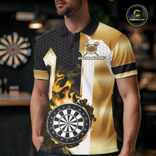 Load image into Gallery viewer, Man wearing a black and gold dartboard flame darts jersey front view, personalized darts team shirt.