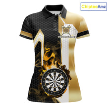 Load image into Gallery viewer, Black and gold dartboard flame custom darts polo shirt for women, personalized darts team jersey for league tournaments.