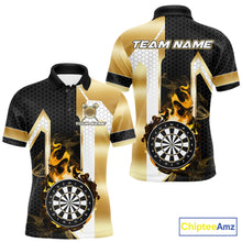 Load image into Gallery viewer, Black and gold dartboard flame darts team polo shirt for men with custom tournament graphics.