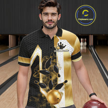 Load image into Gallery viewer, Man wearing a black and gold smoke bowling pin bowling polo shirt front view, custom bowling league jersey for men.