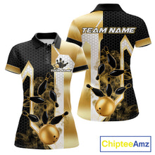 Load image into Gallery viewer, Black and gold smoke bowling pin bowling team polo shirt for women with custom league and tournament graphics.