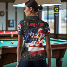 Load image into Gallery viewer, Back view of woman wearing a black grunge American flag 8 ball billiard team jersey, custom pool tournament shirt.