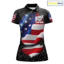 Load image into Gallery viewer, Black grunge American flag 8 ball custom billiard polo shirt for women, personalized pool team jersey for tournaments.