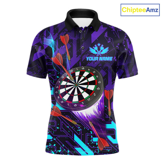 Personalized Glowing Purple Blue Abstract Darts Polo Shirt Featuring Vibrant Abstract Artwork for Dart League Players, Team Competition, and Tournament Events