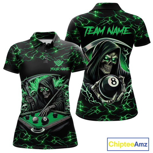 Green Funny Grim Reaper 8 Ball Pool Women Billiard Shirts Custom Name Lightning Billiard Jerseys TDM2827