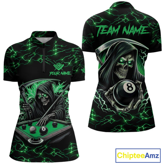 Green Funny Grim Reaper 8 Ball Pool Women Billiard Shirts Custom Name Lightning Billiard Jerseys TDM2827