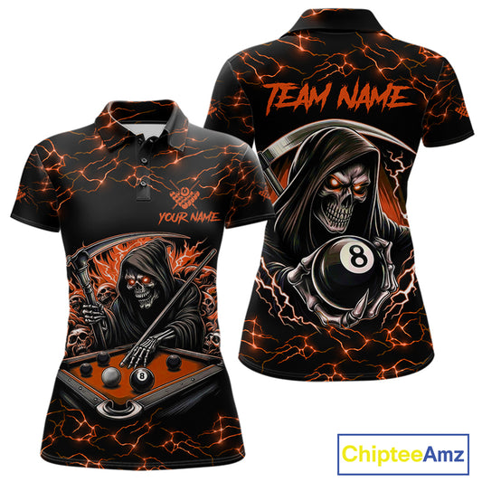 Orange Funny Grim Reaper 8 Ball Pool Women Billiard Shirts Custom Name Lightning Billiard Jerseys TDM2828