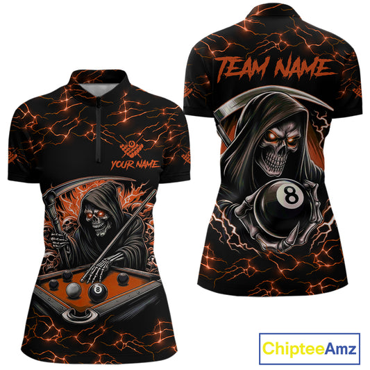 Orange Funny Grim Reaper 8 Ball Pool Women Billiard Shirts Custom Name Lightning Billiard Jerseys TDM2828