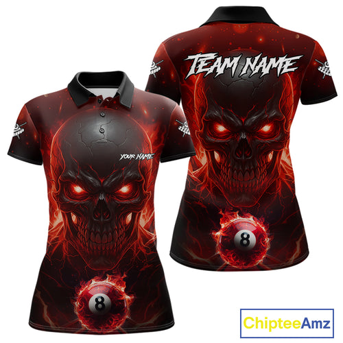 Personalized Red Billiard Skull Fire 8 Ball Pool Shirt For Women Custom Billiard Team Jersey TDM5078