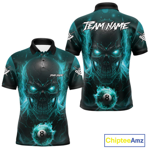 Personalized Turquoise Billiard Skull Fire 8 Ball Pool Shirt For Men Custom Billiard Team Jersey TDM5080