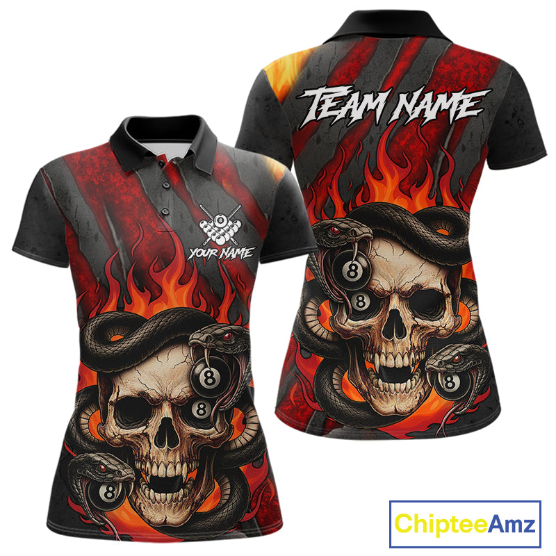 Personalized Skull And Snakes Flame Billiard Shirt For Women Custom 8 Ball Pool Team Jersey |Red TDM5084