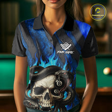 Load image into Gallery viewer, Personalized Skull And Snakes Flame Billiard Shirt For Women Custom 8 Ball Pool Team Jersey |Blue TDM5085