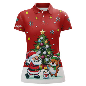 Funny Santa Playing Golf Red Christmas Women Golf Polo Shirt Custom Christmas Pine Tree Golfing Gifts TDM3067