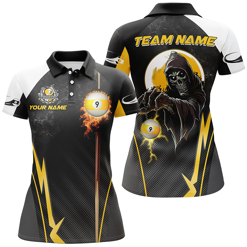 Funny Death Skeleton Billiard Ball 9 Fire Custom Women Polo Shirts, Best 9 Ball Pool Jerseys TDM1314