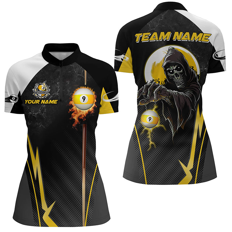 Funny Death Skeleton Ball 9 Fire Custom Women Quarter-Zip Shirts, 9 Ball Billiard Jersey TDM1314