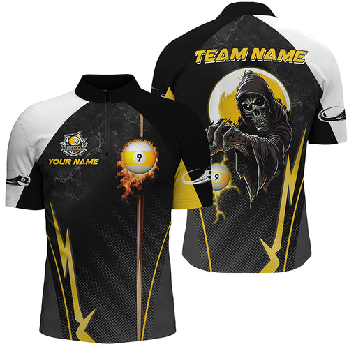 Funny Death Skeleton Ball 9 Fire Custom Men Quarter-Zip Shirts, 9 Ball Billiard Jersey TDM1314