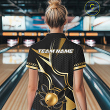 Load image into Gallery viewer, Back view of woman wearing a black and gold bowling ball bowling polo shirt, custom bowling team jersey design.