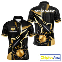 Load image into Gallery viewer, Black and gold bowling ball bowling team polo shirt for men with custom league graphics.