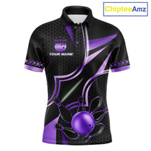 Load image into Gallery viewer, Black and purple custom bowling polo shirt for men, personalized bowling team jersey for league tournaments.
